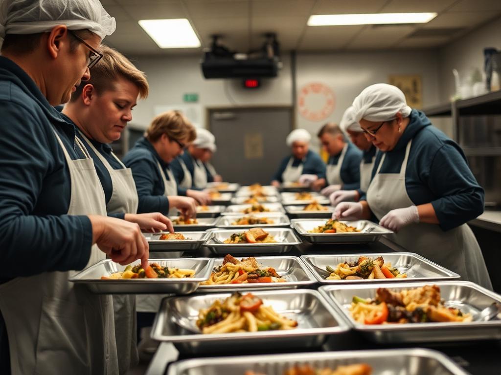 Shelter kitchen staff plating rescued restaurant meals onto trays